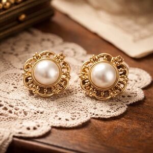Vintage Monet Gold Pearl Button Earrings